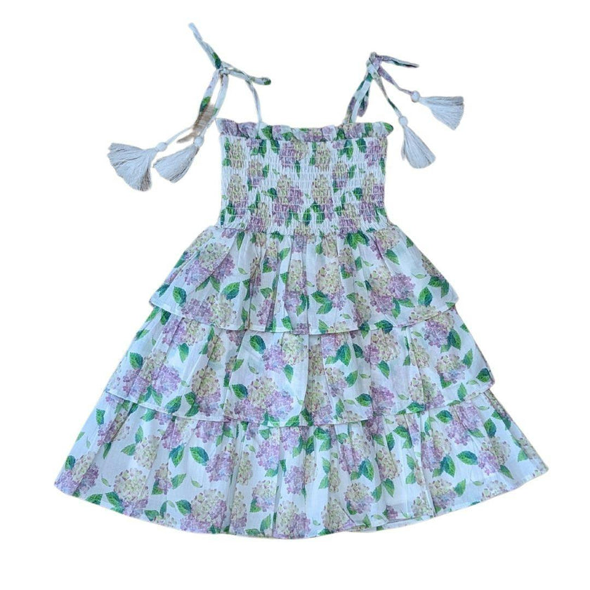 Smock Bodice Tiered Dress Hydrangeas