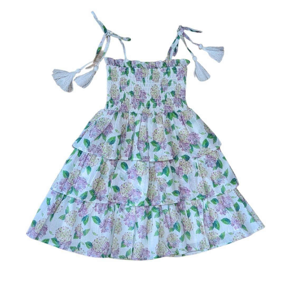 Smock Bodice Tiered Dress Hydrangeas