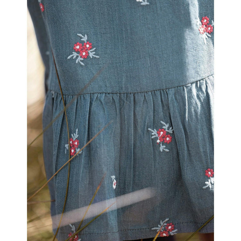 Chambray Floral Embroidered Long Sleeve Midi Dress