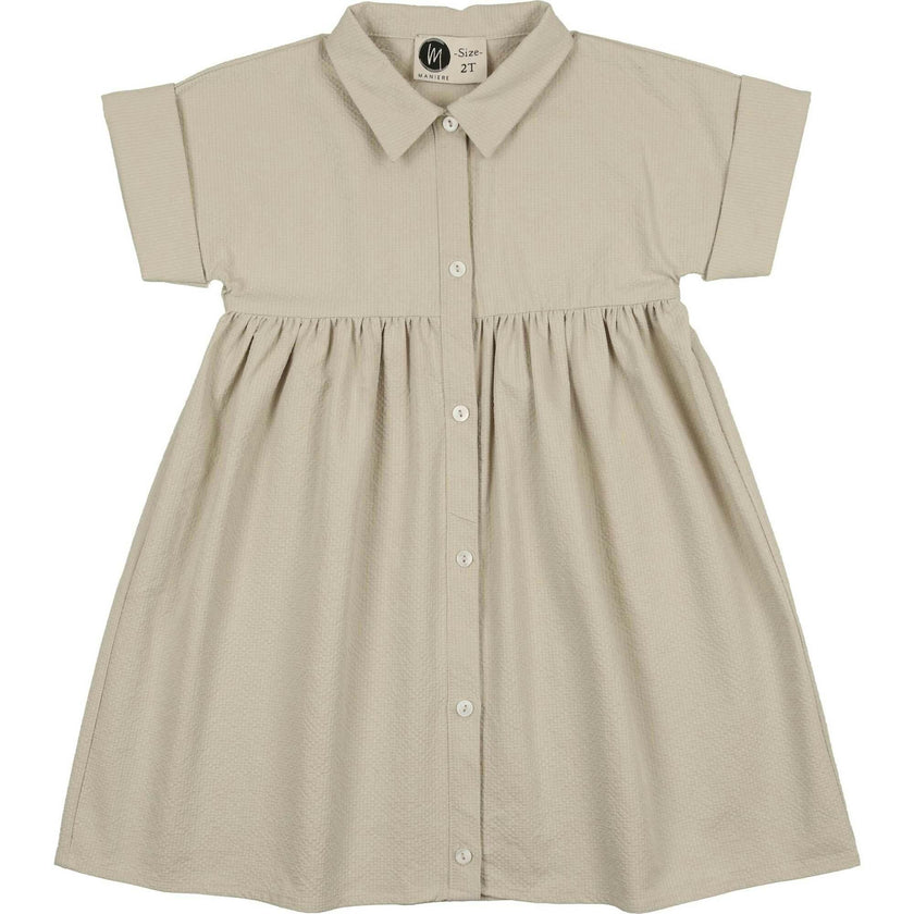 Textured Grid Rolled Cuff Short Sleeve Shirt Dress