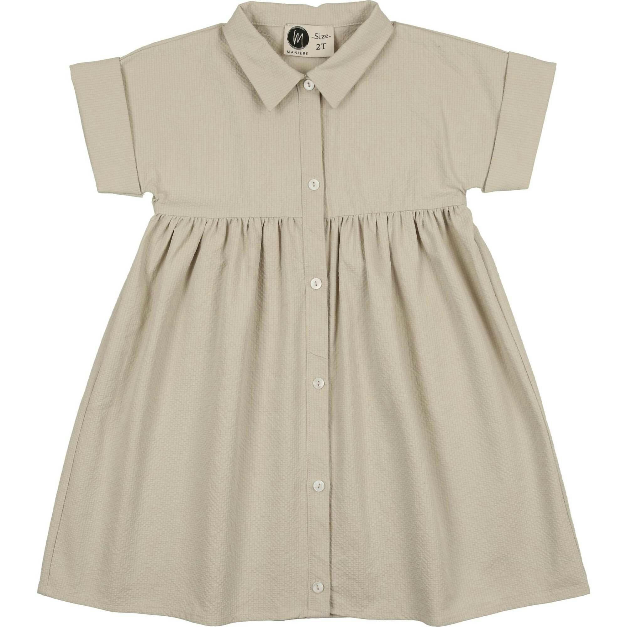 Textured Grid Rolled Cuff Short Sleeve Shirt Dress