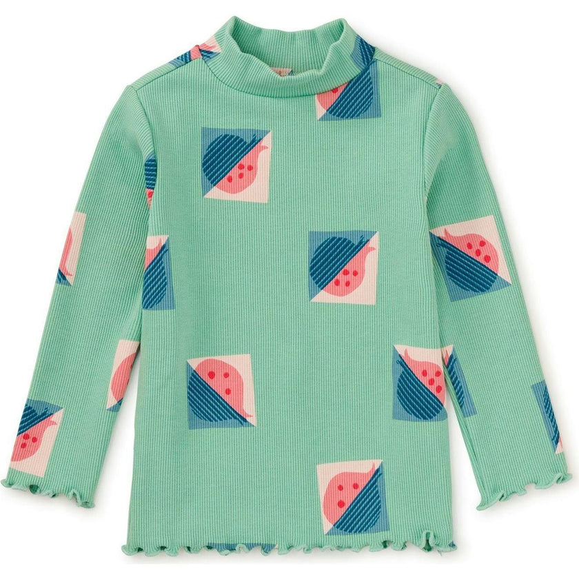 Modern Print Ribbed Long Sleeve Mock Neck Top, Multi