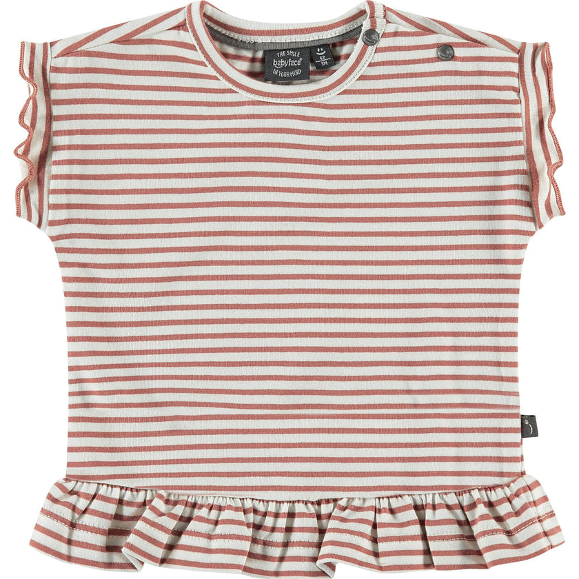 Crew Neck Ruffle Shoulder Peplum Waist Striped Top