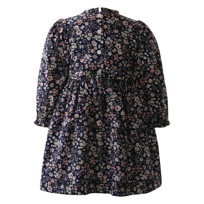 Rose Print Ruched Elastic Sleeve Frill Dress