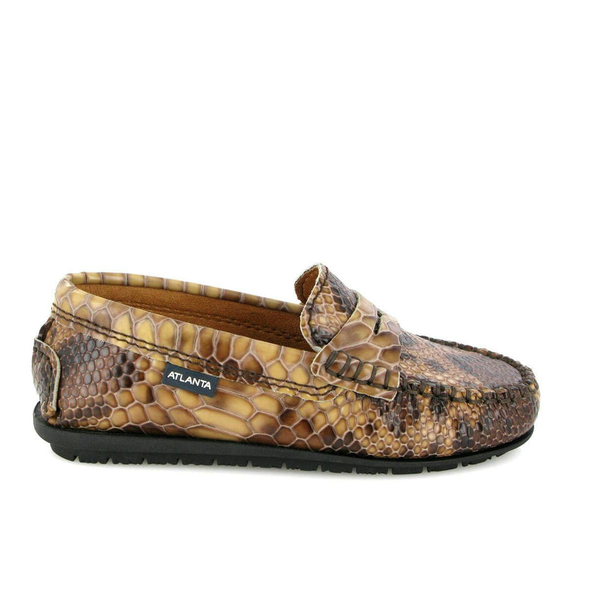 Snake Effect Leather Penny Moccasins, Camel