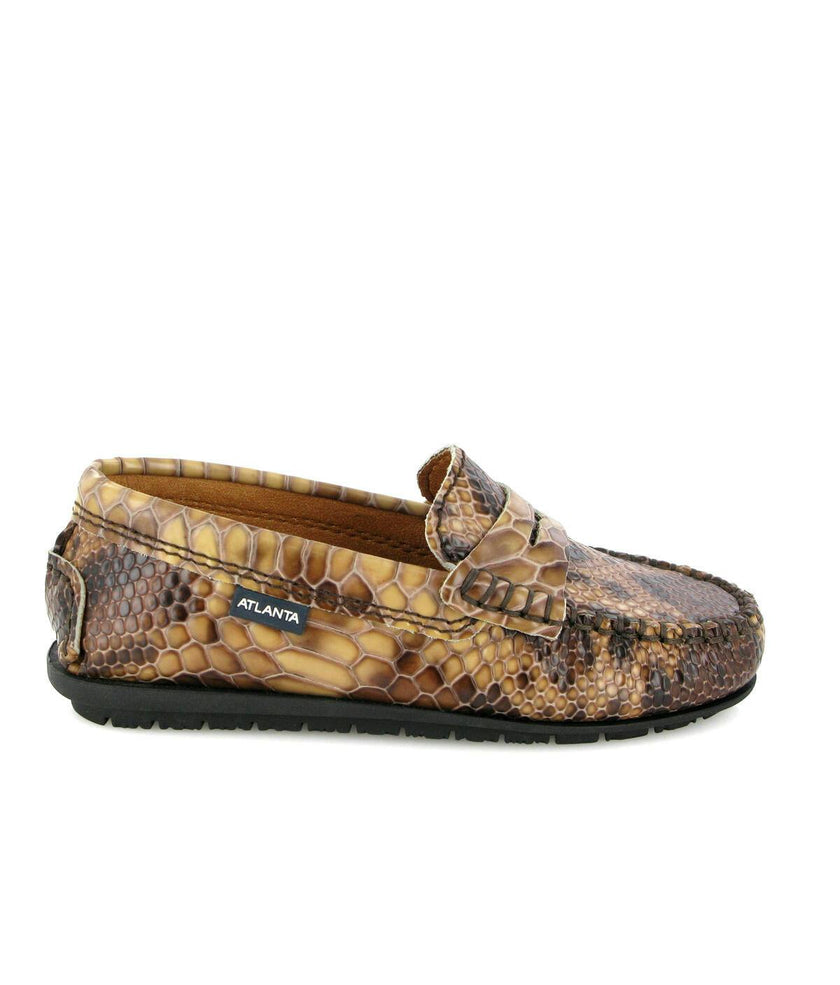 Snake Effect Leather Penny Moccasins, Camel