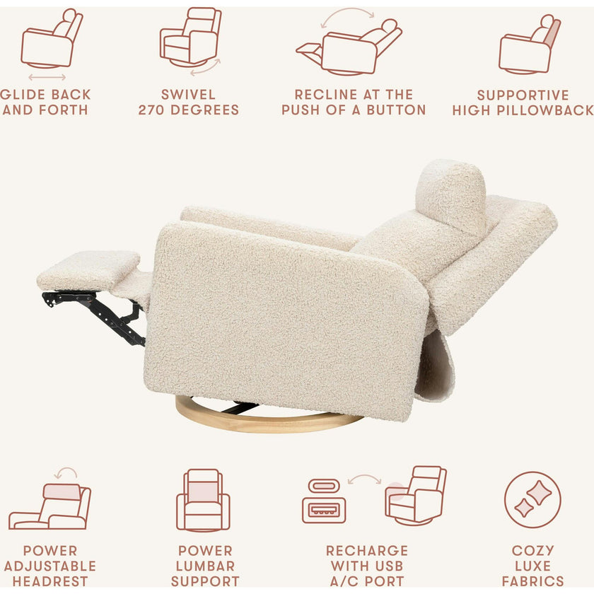 Sigi Pro Power Glider Recliner W/ Power Lumbar In Almond Teddy Loop W/Light Wood Base