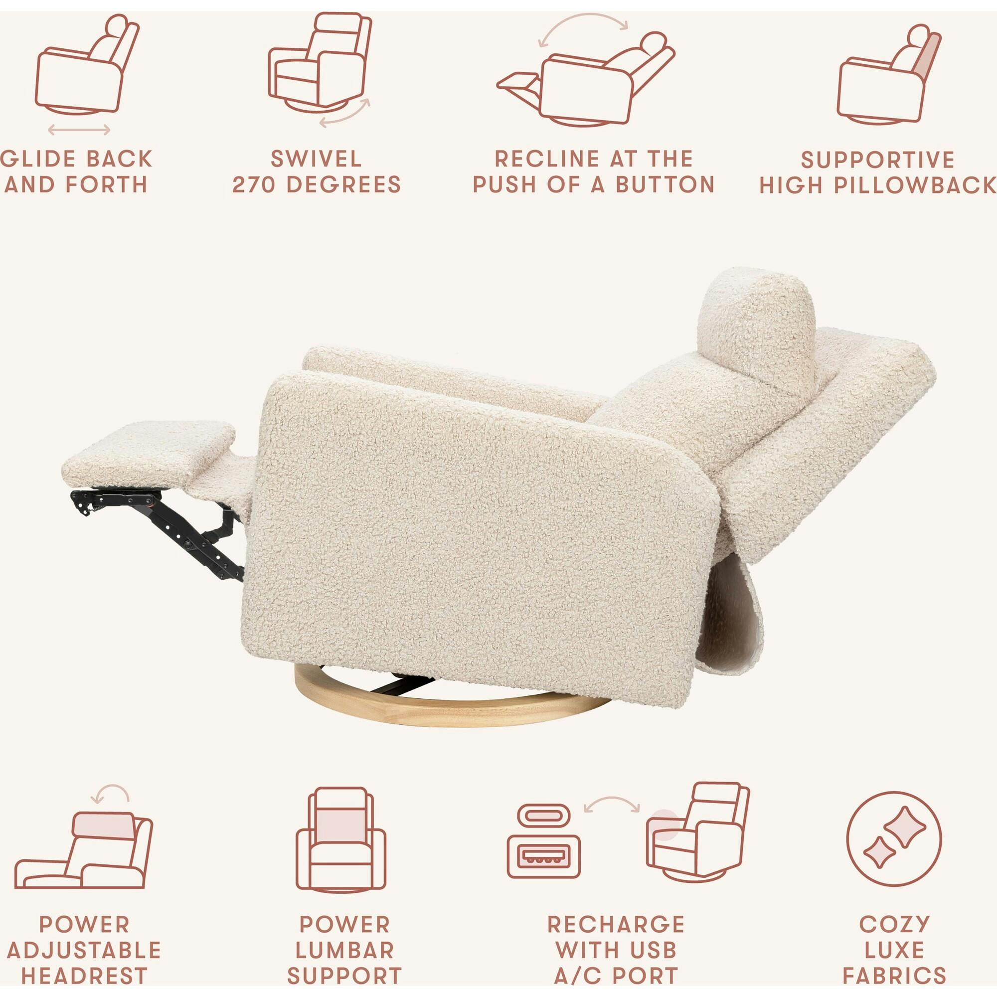 Sigi Pro Power Glider Recliner W/ Power Lumbar In Almond Teddy Loop W/Light Wood Base