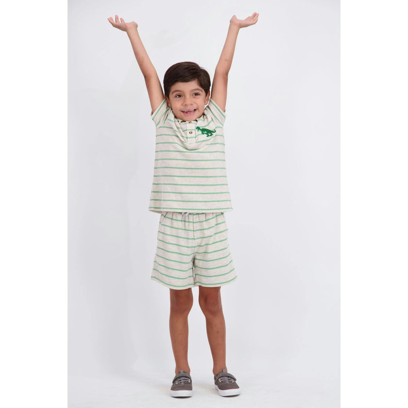Boys Striped Waffle Polo Set | Oatmeal Dino