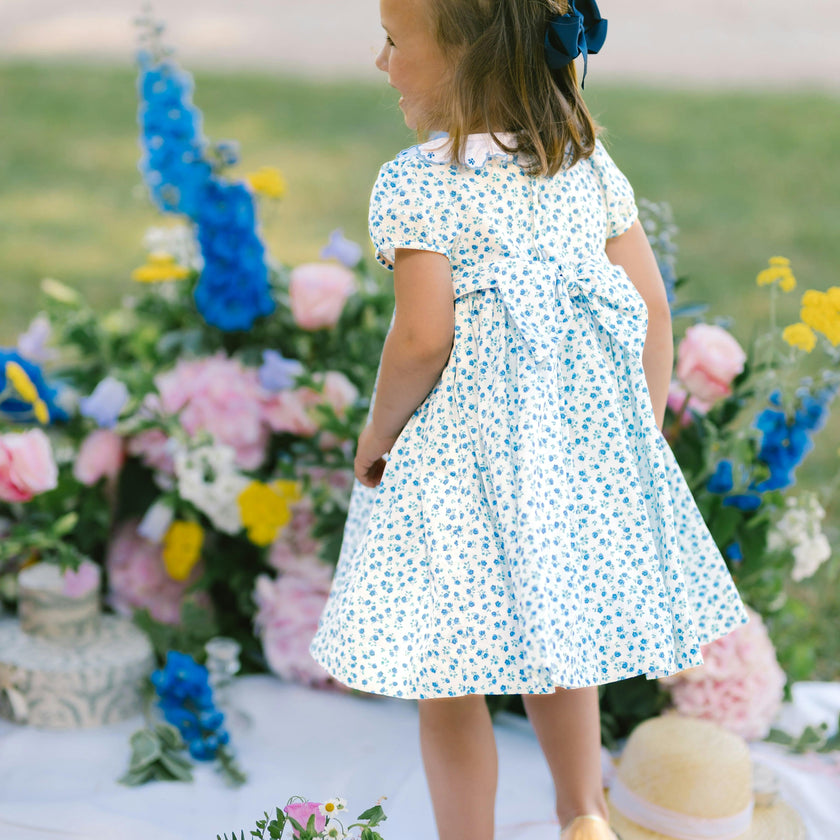 Isadora Floral Blue Short Puff Empire Dress