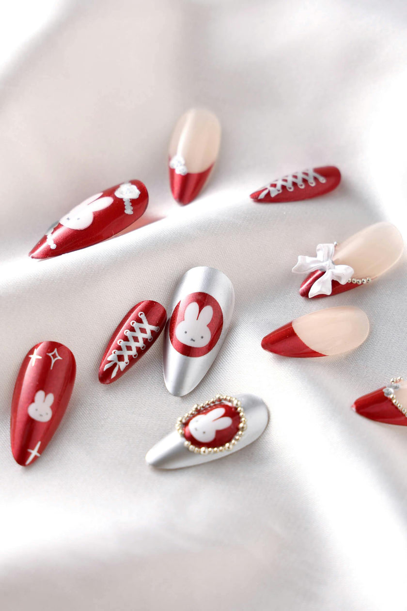 Miffy Burgundy Almond Press-On Nails | Cute Character Nail Art