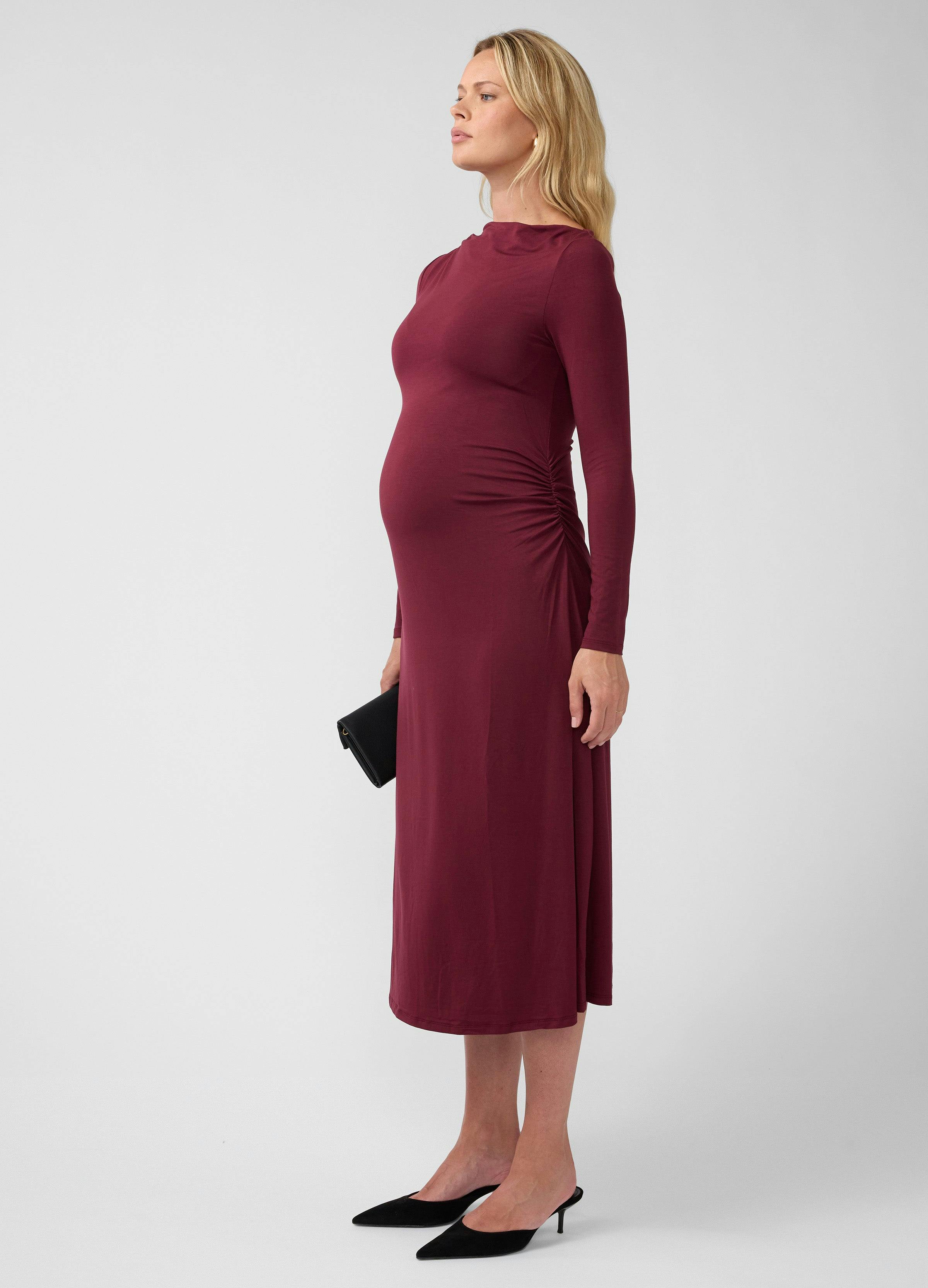 Ruched Long Sleeve Mock Neck Maternity Midi Dress