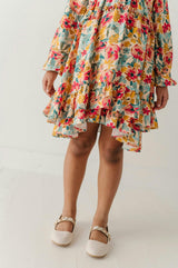 Girls Peasant Shirred Waist Dress in Cooper Painterly Floral