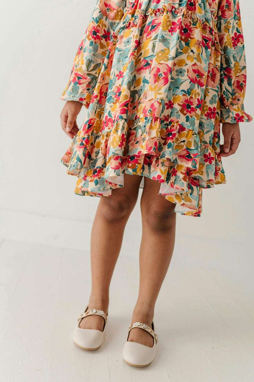Girls Peasant Shirred Waist Dress in Cooper Painterly Floral