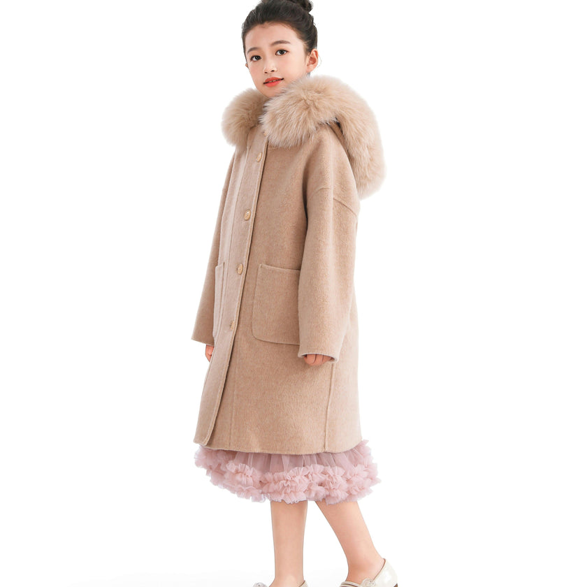 Champagne Wool Coat with Faux Fur Hood