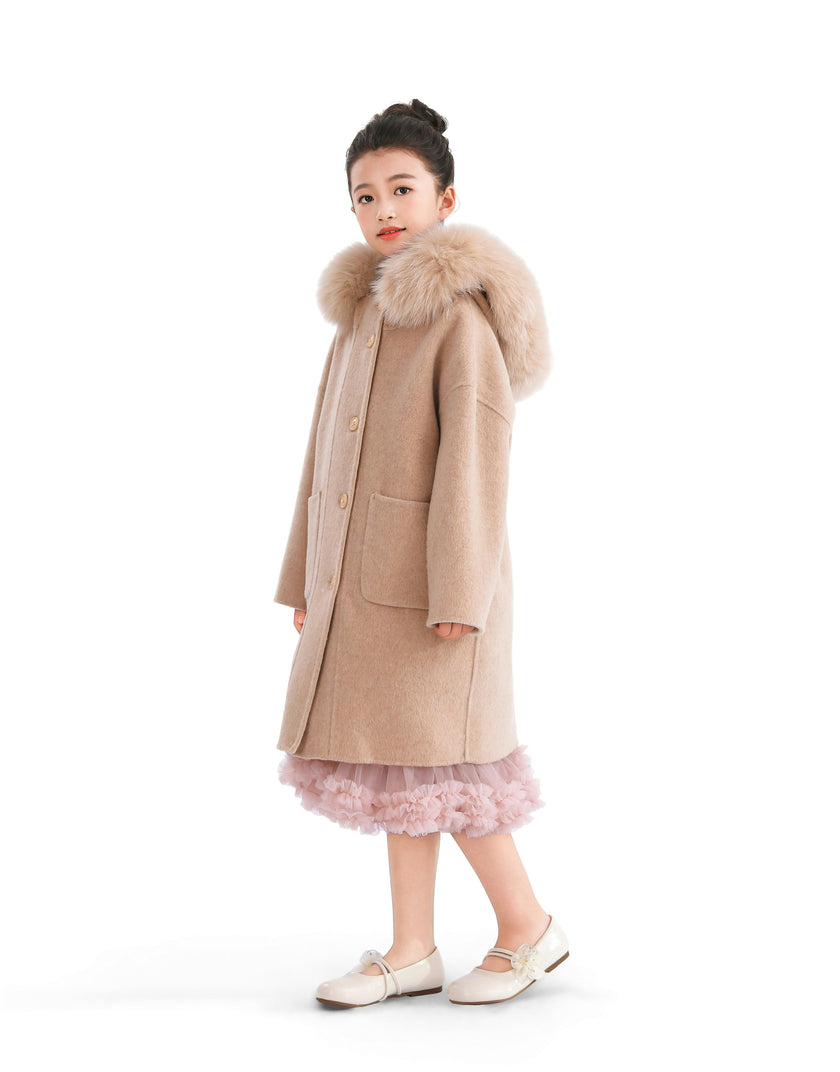 Champagne Wool Coat with Faux Fur Hood