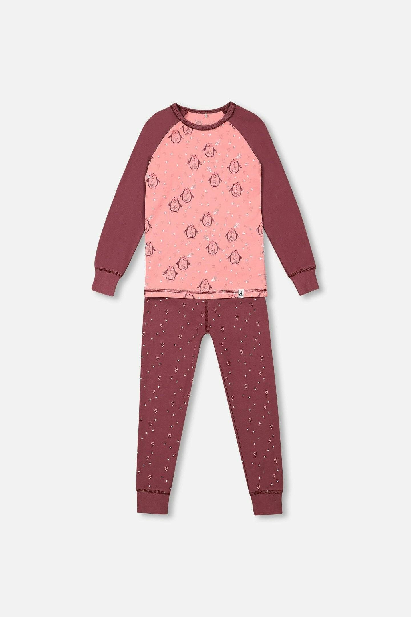 Organic Cotton Long Sleeve Two Piece Printed Penguins Pajama Set Pink