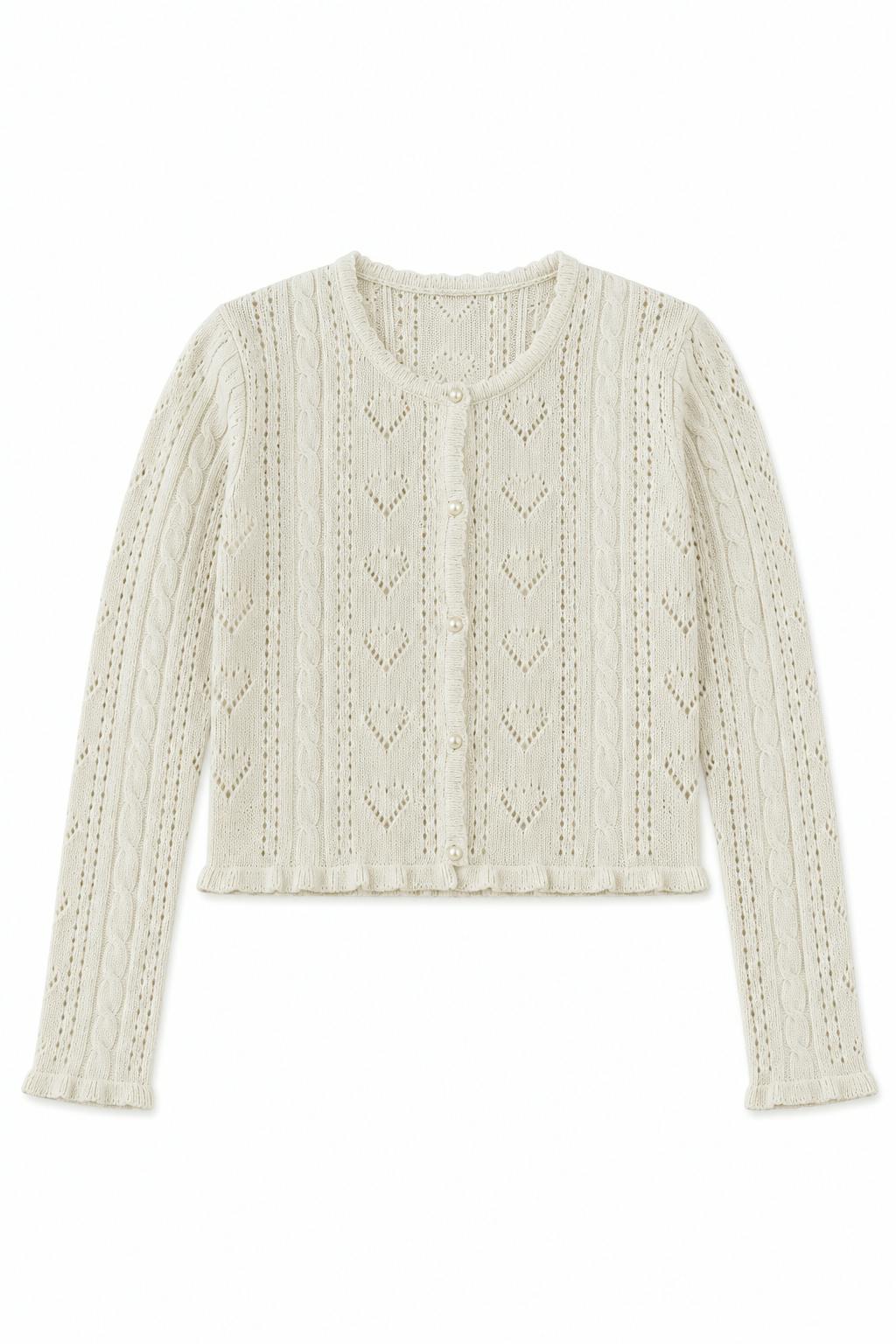 Ayla Creamy White Pointelle Knit Hearts Cardigan