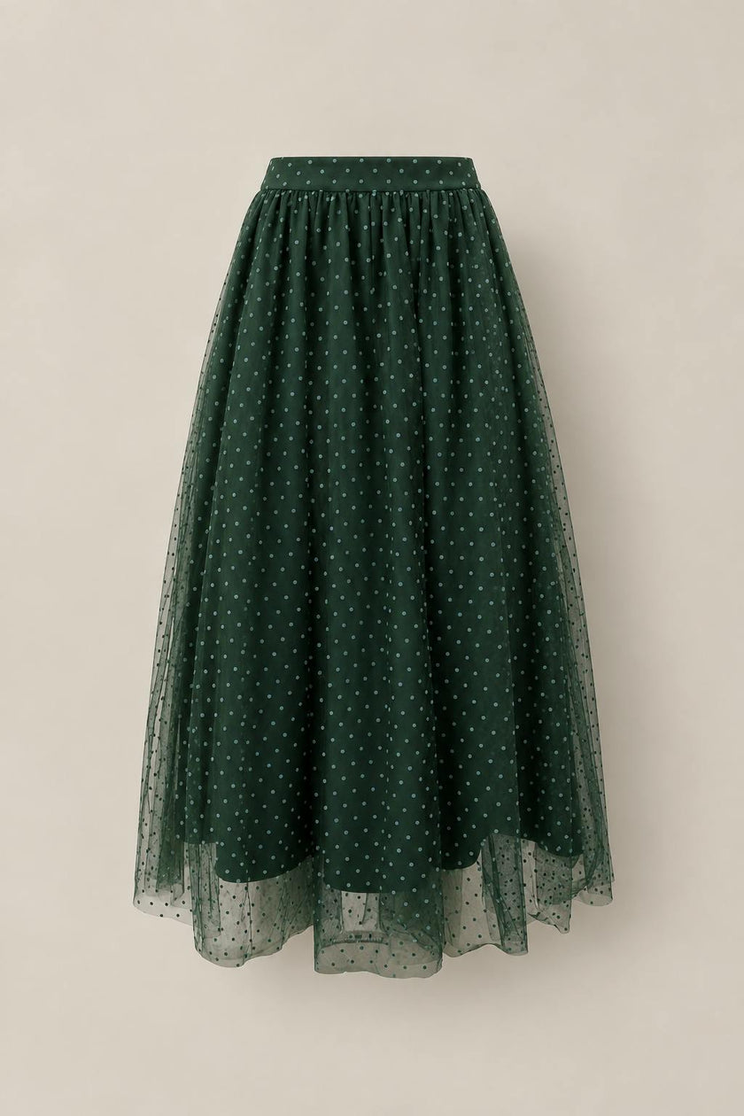 Brigitte Skirt in Emerald Flocked Dot Tulle