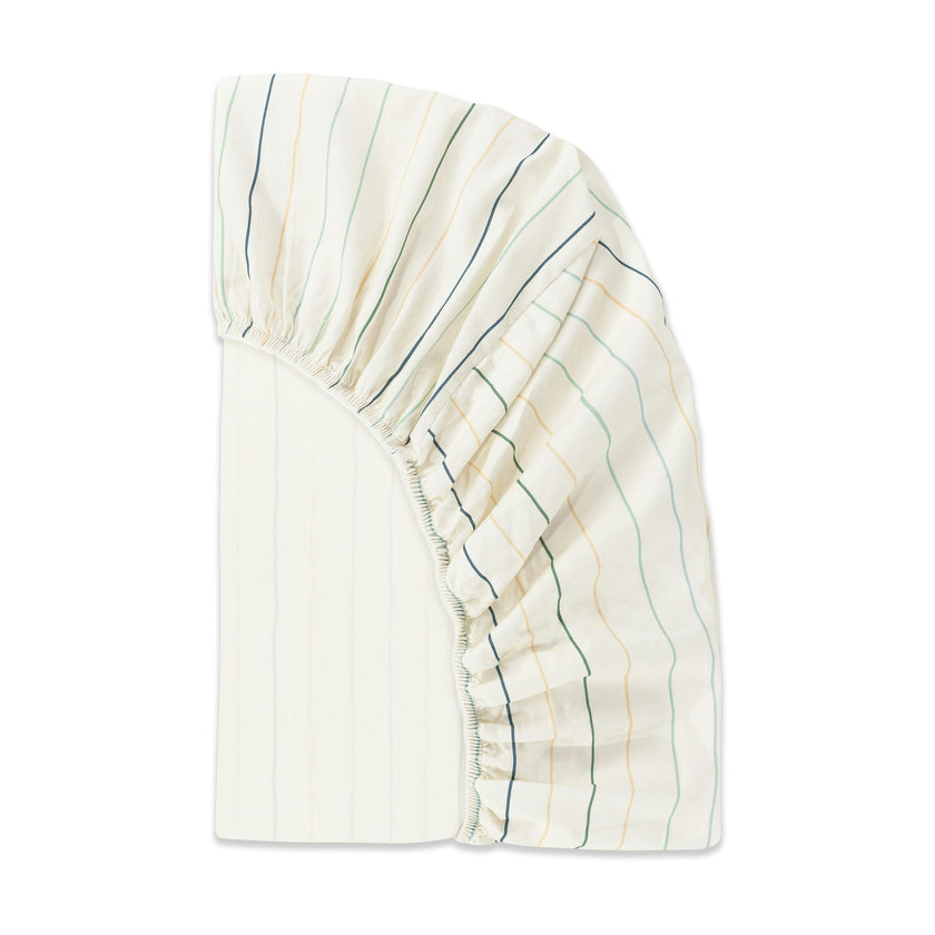 Crib Sheet in GOTS Certified Organic Brushed Cotton in Ivory with Cool Multi-Color Stripes