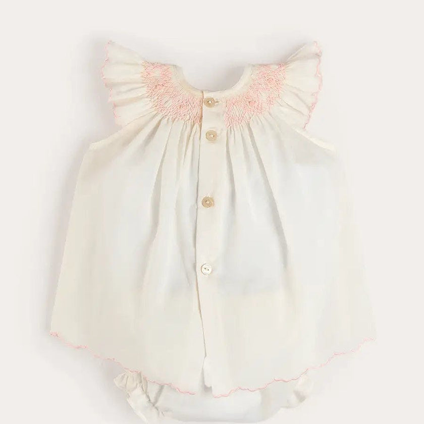 Linen Blend Hand Smocked Cap Sleeve Dress With Bloomers in White (1-6mths)