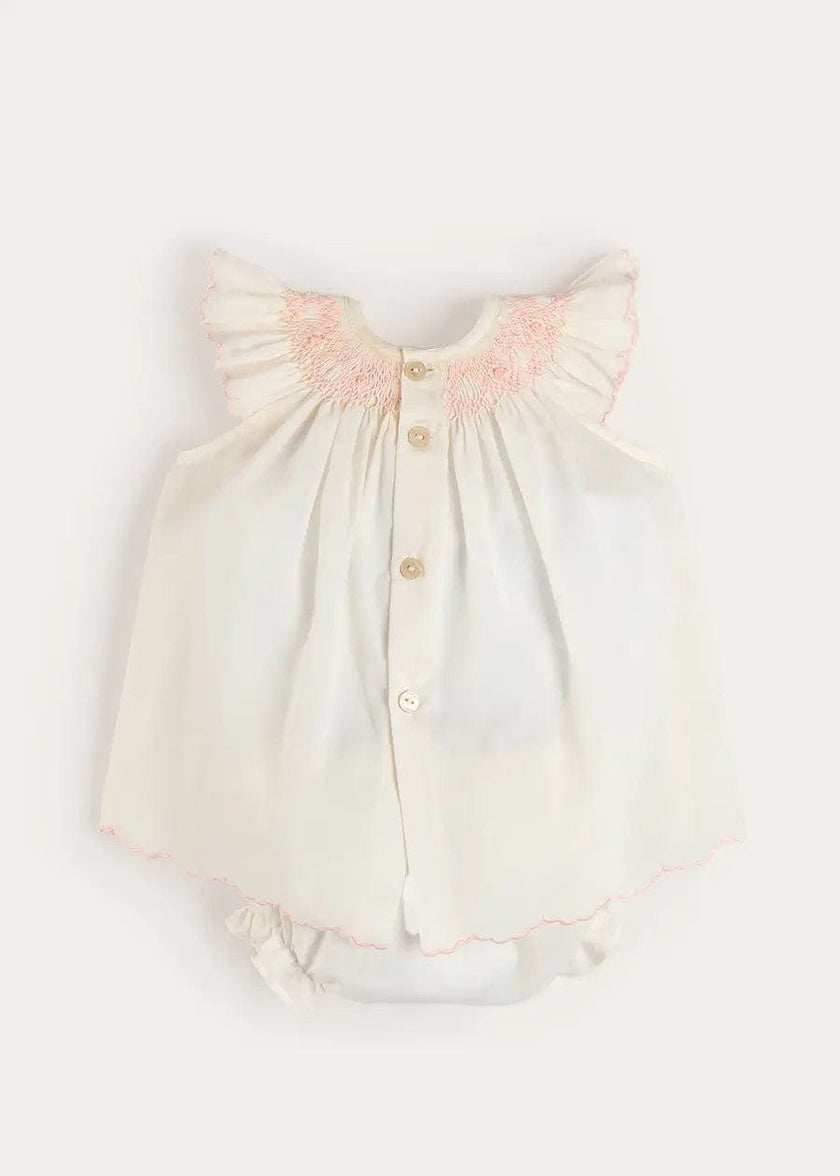Linen Blend Hand Smocked Cap Sleeve Dress With Bloomers in White (1-6mths)