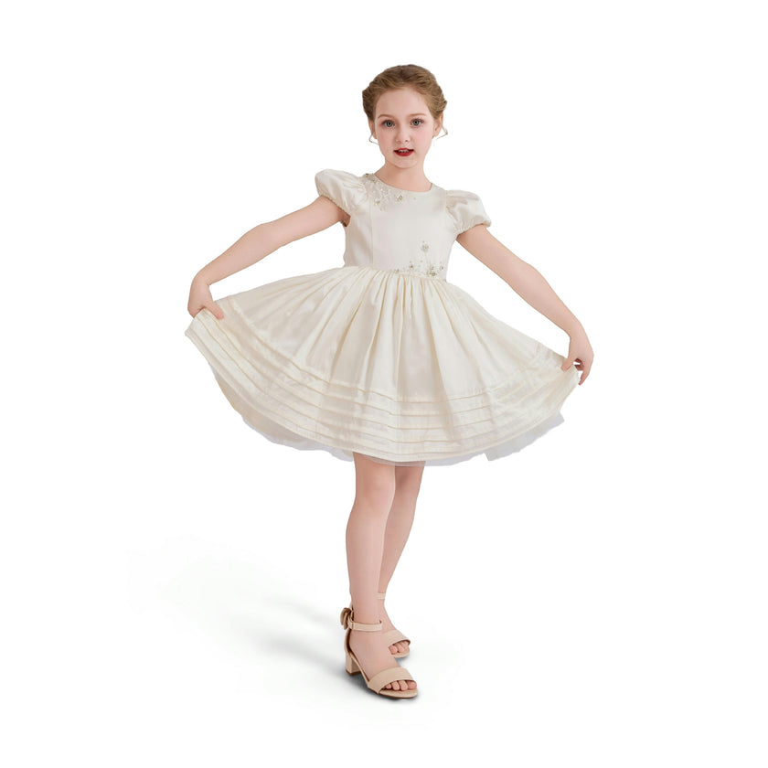 Ivory Vistaine Floral-Embroidered Pleated Dress