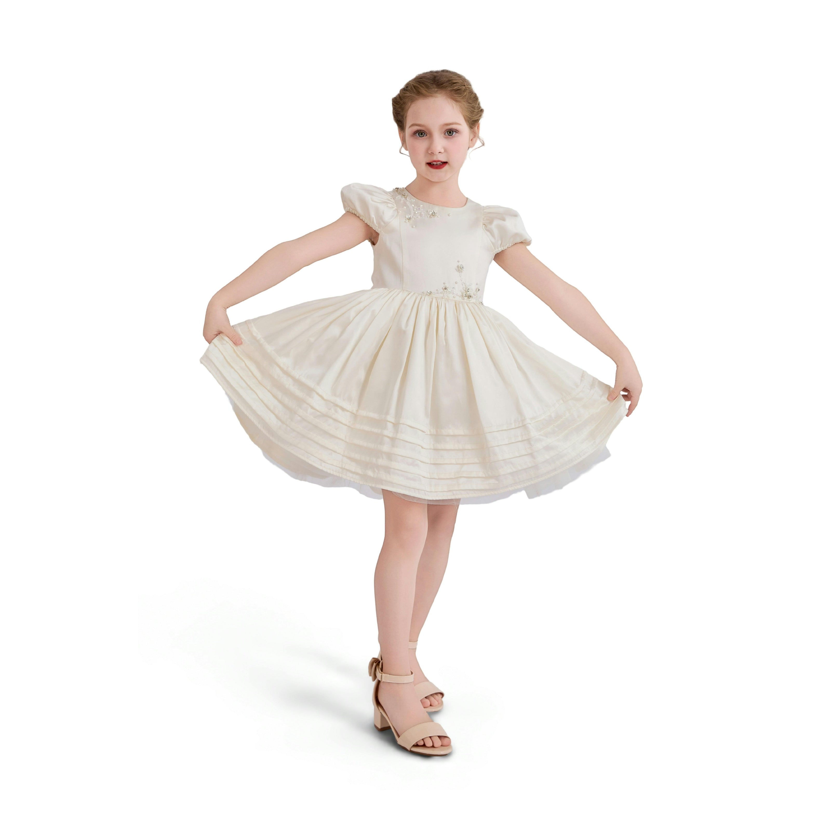 Ivory Vistaine Floral-Embroidered Pleated Dress