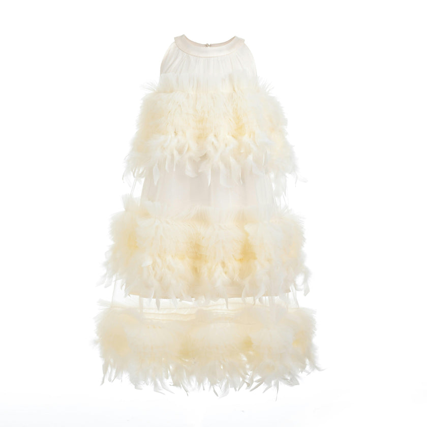 Cream Delara Feathered Tiered Dress