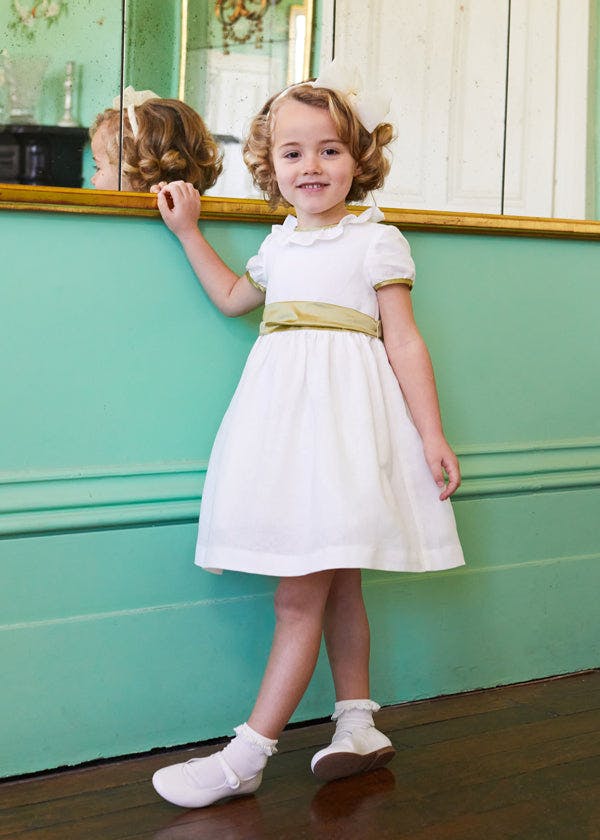 Flower Girl Ivory Dress with Green Silk Sash (6mths-10yrs)