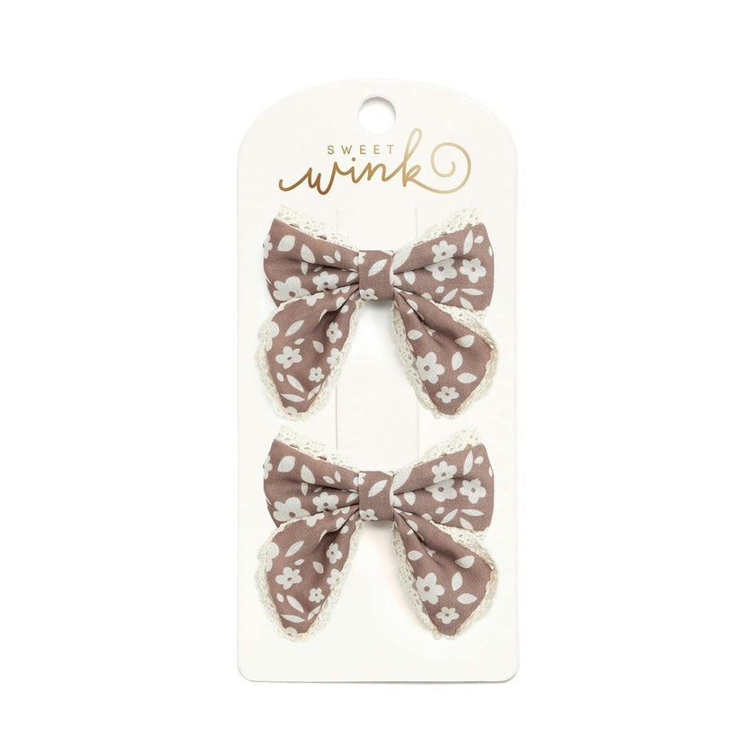 Mocha Floral Lace Bow Clip Set