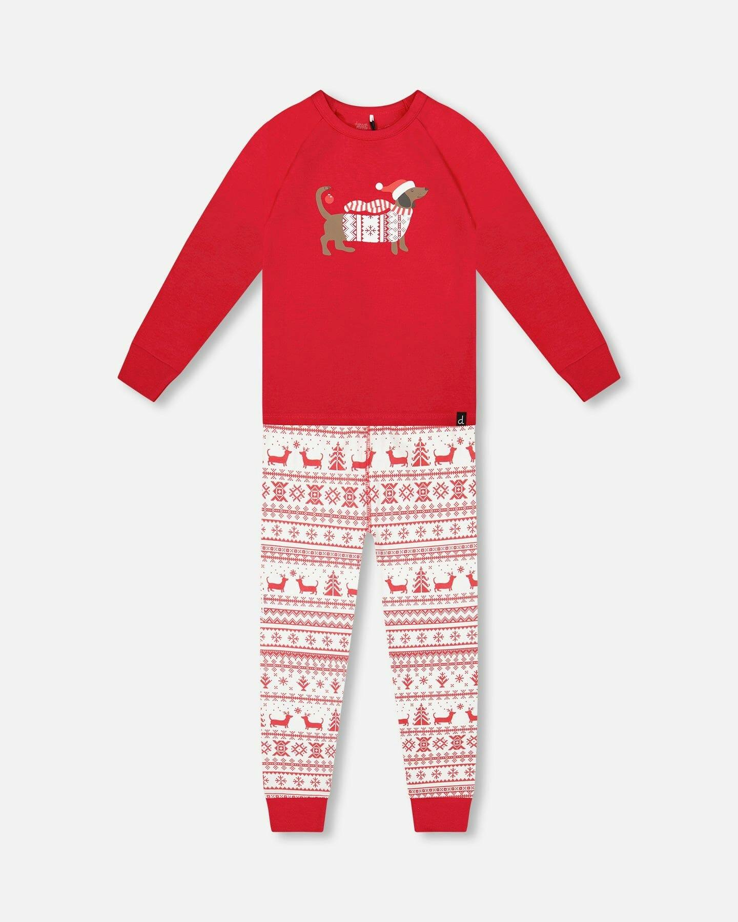 Organic Cotton Two-Piece Pajama Set Red and White Fairisle