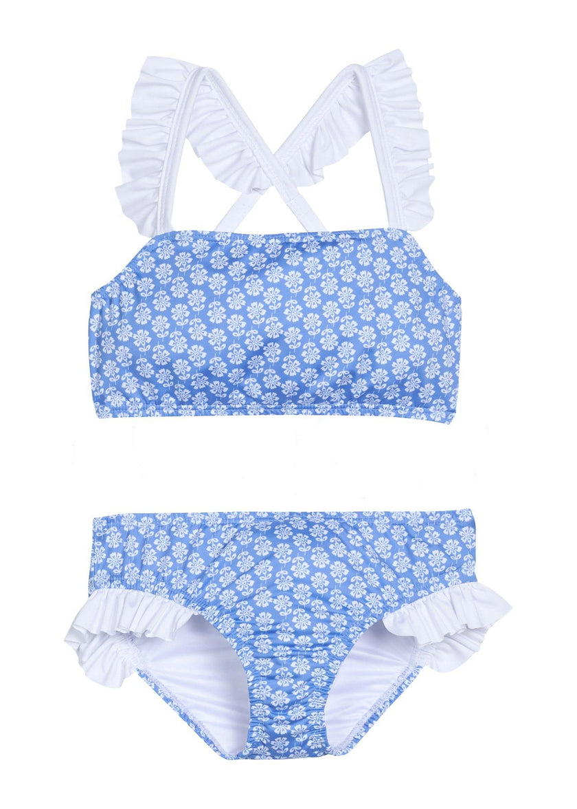 Cross Back Ruffle Bikini - Periwinkle Block Print