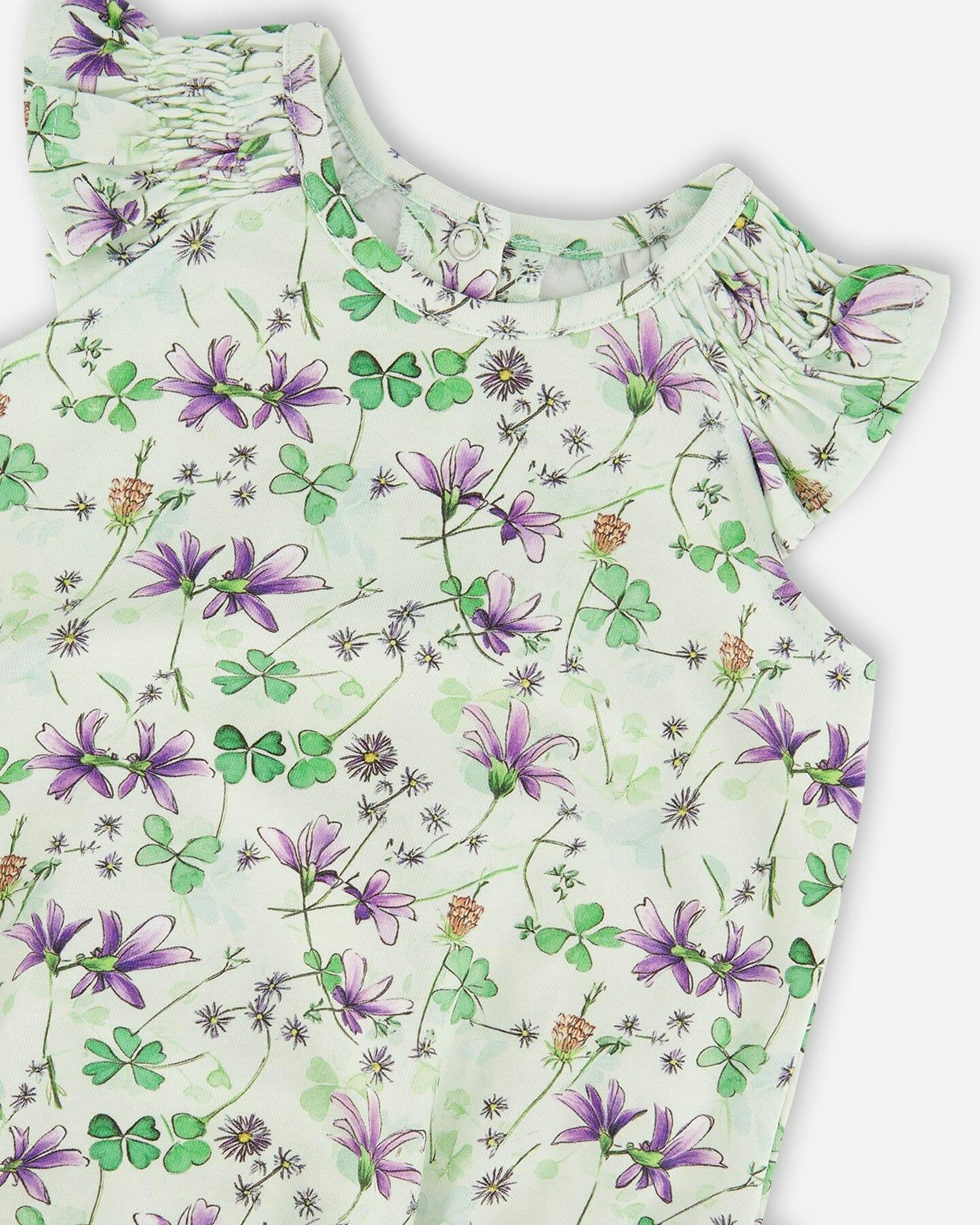 Jersey Romper Green Printed Flowers