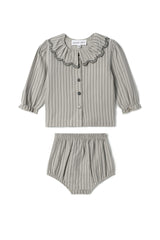Woven Striped Embroidered Button Front Top and Bottom Two Piece Set