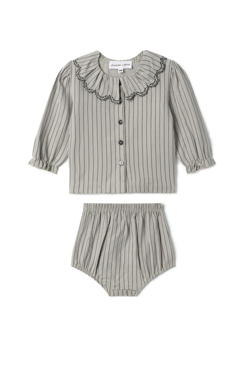 Woven Striped Embroidered Button Front Top and Bottom Two Piece Set