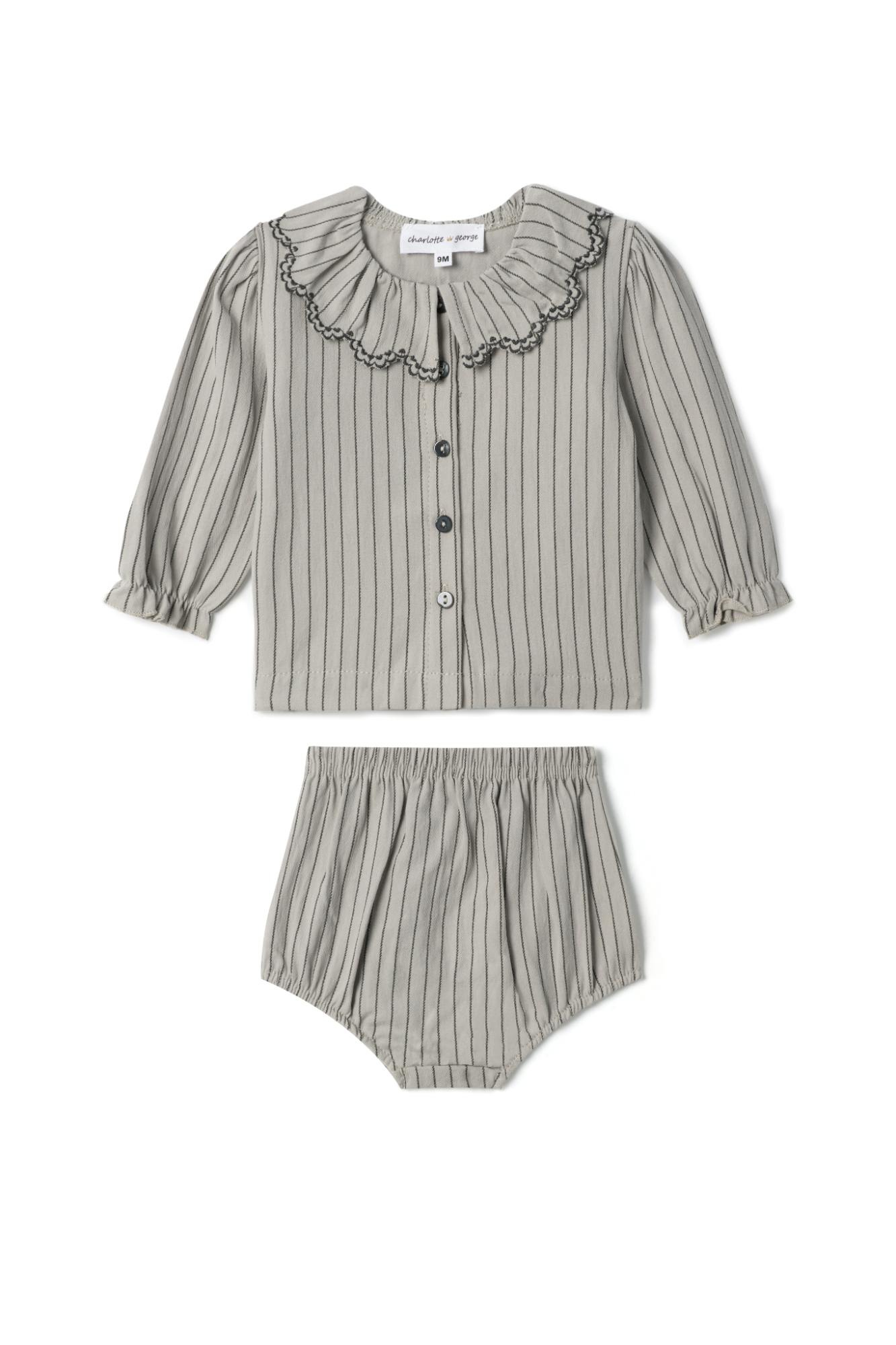 Woven Striped Embroidered Button Front Top and Bottom Two Piece Set