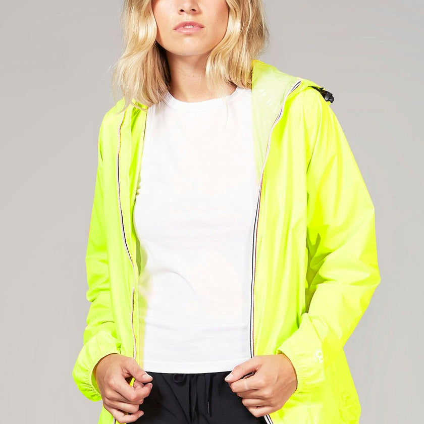 Yellow fluo full zip packable rain jacket and windbreaker