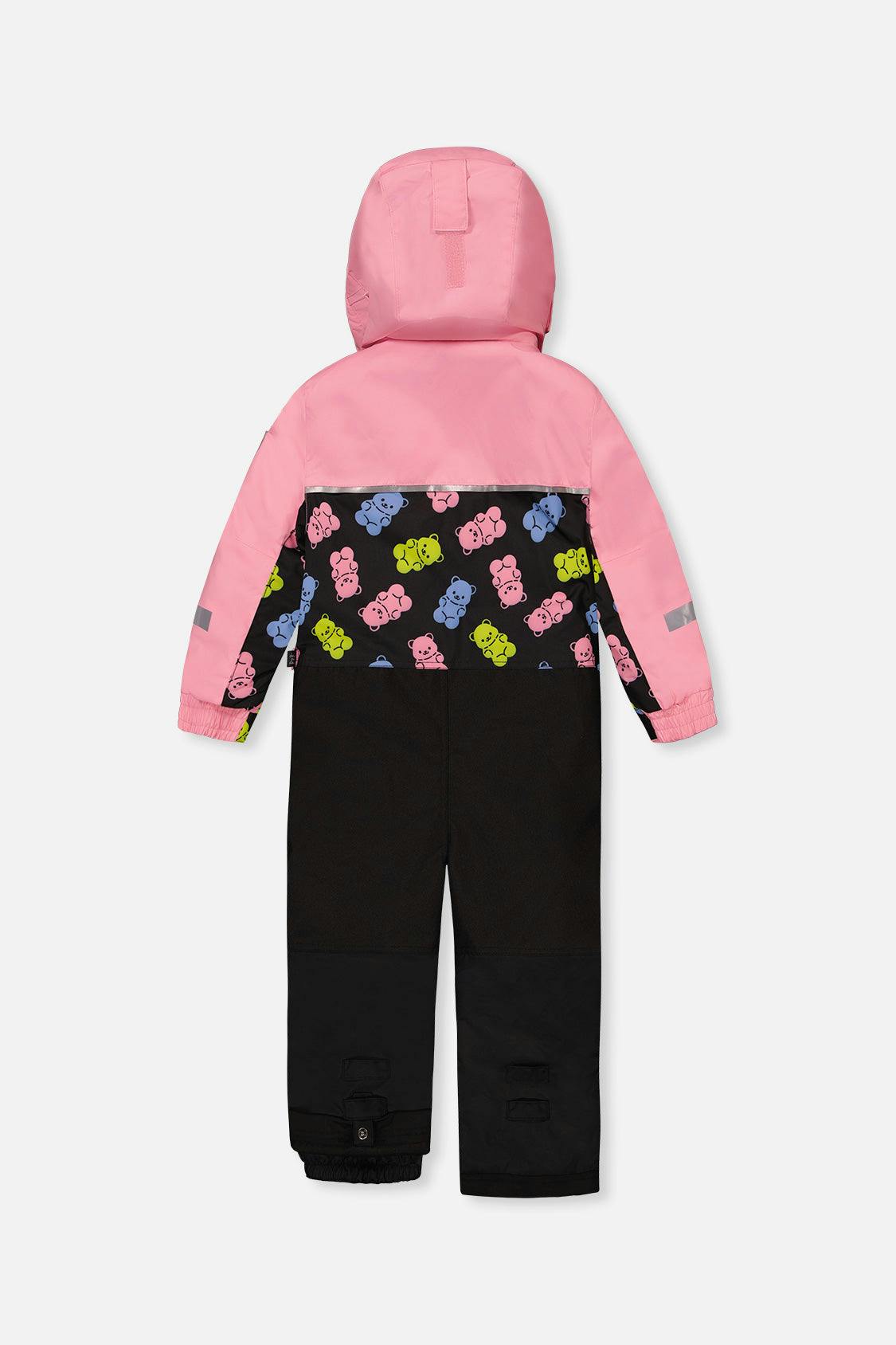 Kids One Piece Play Snowsuit Pink And Black Gummy Bear Print