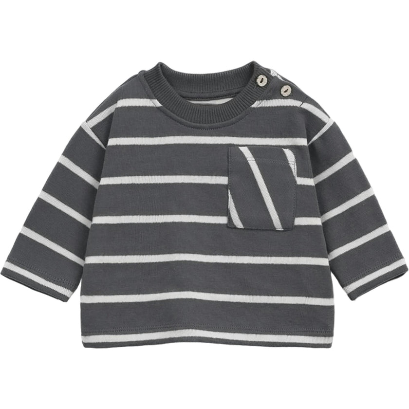 Jersey Striped Crew Neck Long Sleeve 2-Button Shoulder T-Shirt