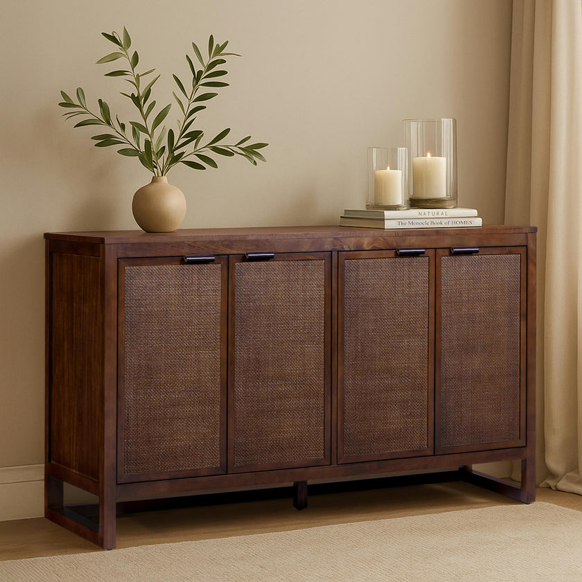 Hatteras Sideboard Cabinet with 4 Rattan Inlay Doors and Adjustable Shelf