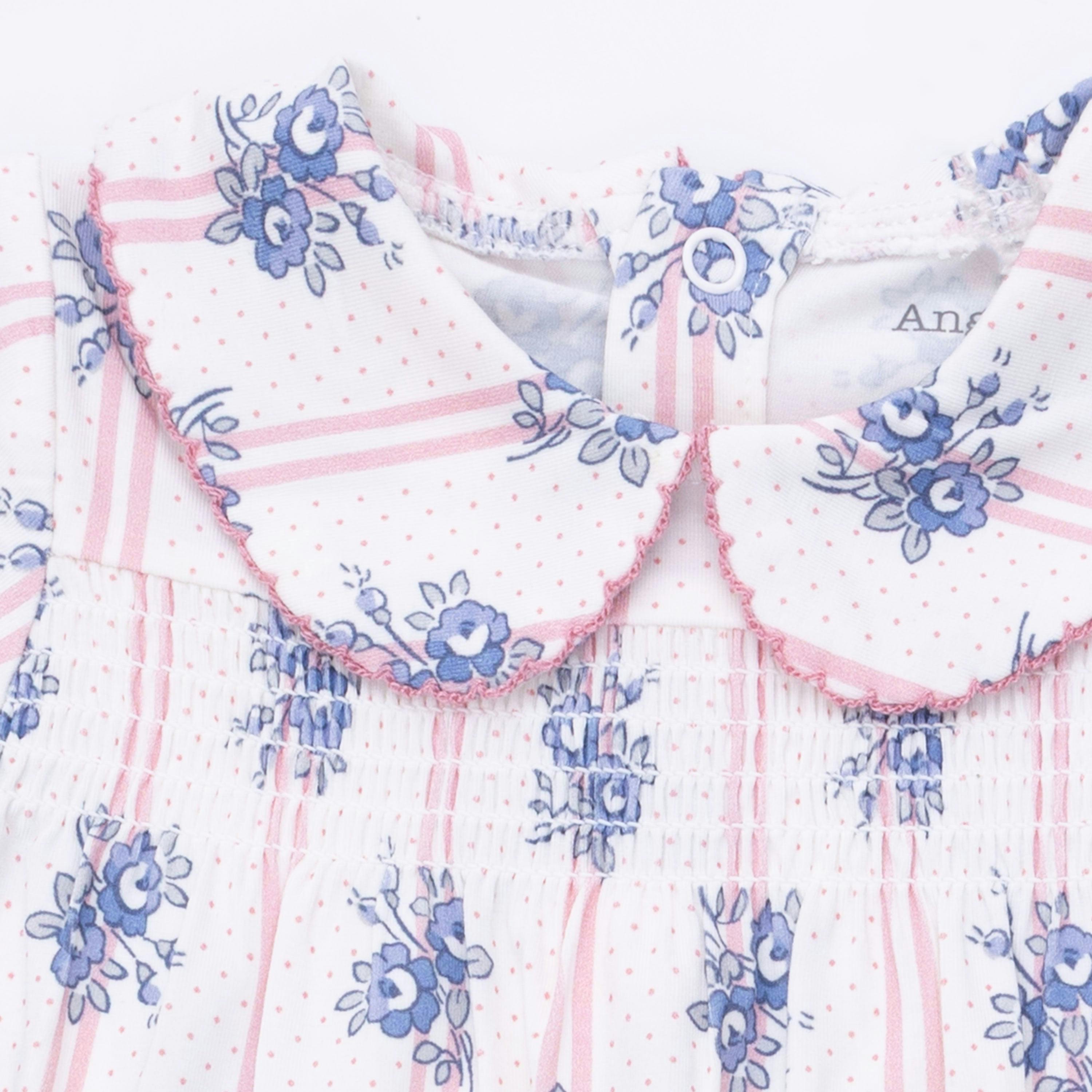 Stripe Dot Roses - Smocked Peter Pan Snap Footie