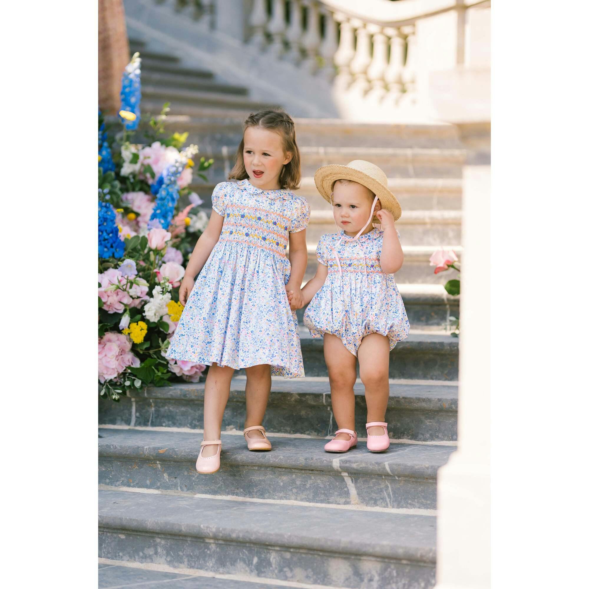 Ondine Floral Blue Short Puff Smocked Dress