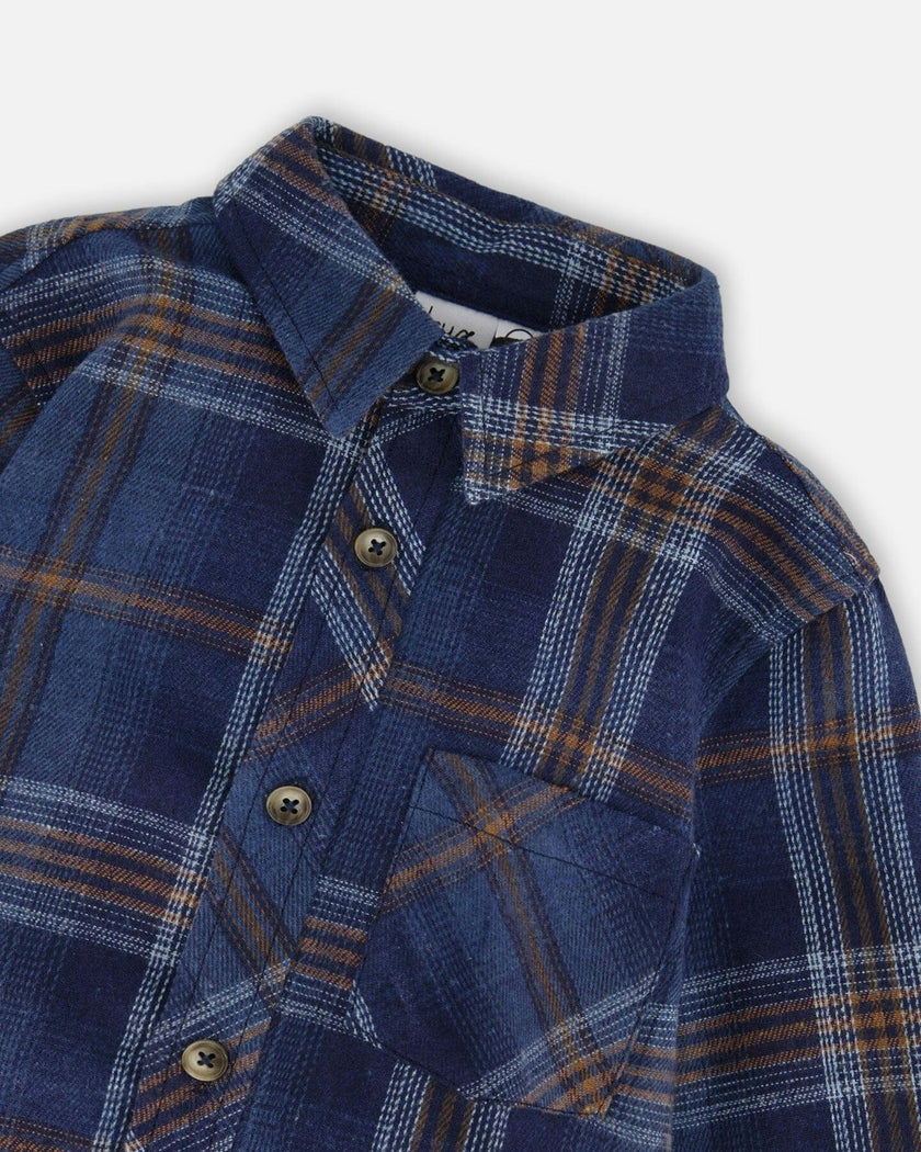 Long Sleeve Flannel Shirt Blue and Brown Plaid