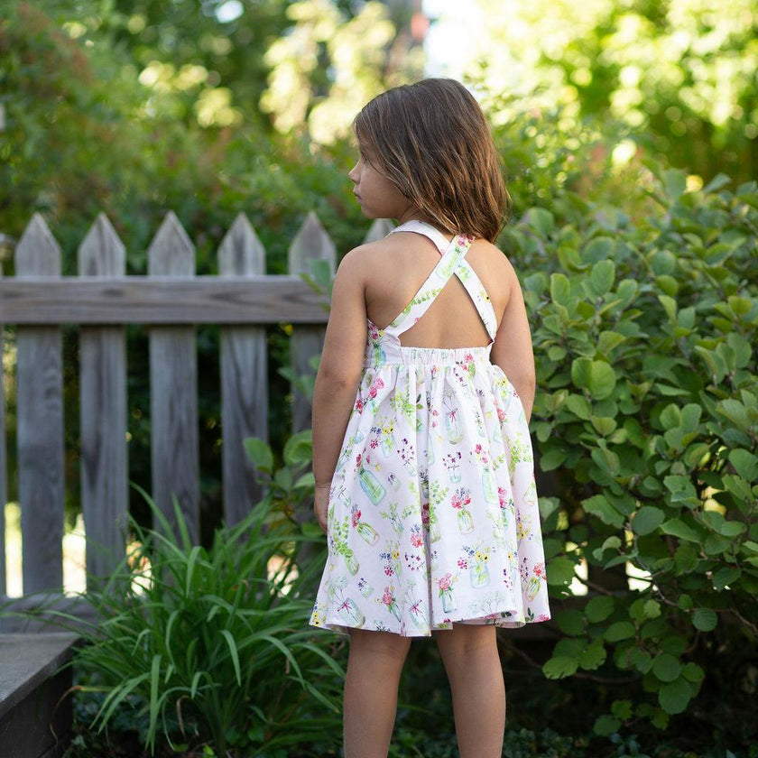 Cross Back Twirly Dress in Pink Plants