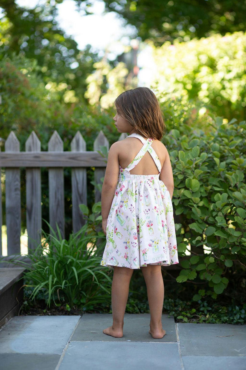 Cross Back Twirly Dress in Pink Plants