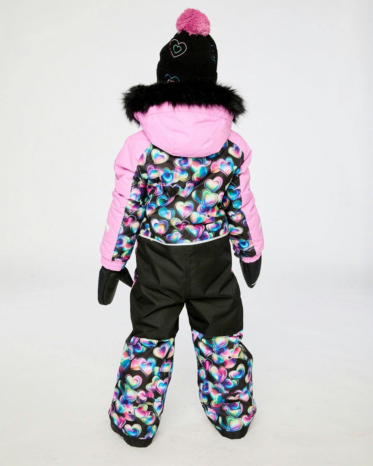 Kids One Piece Play Snowsuit Black Heart Print