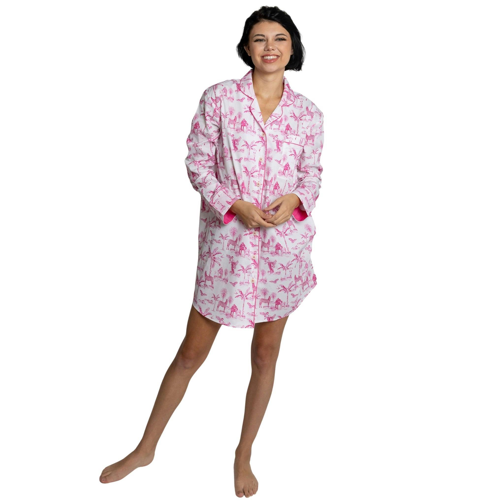 Women's Skydog Toile Pink Night Shirt - Organic Cotton Poplin