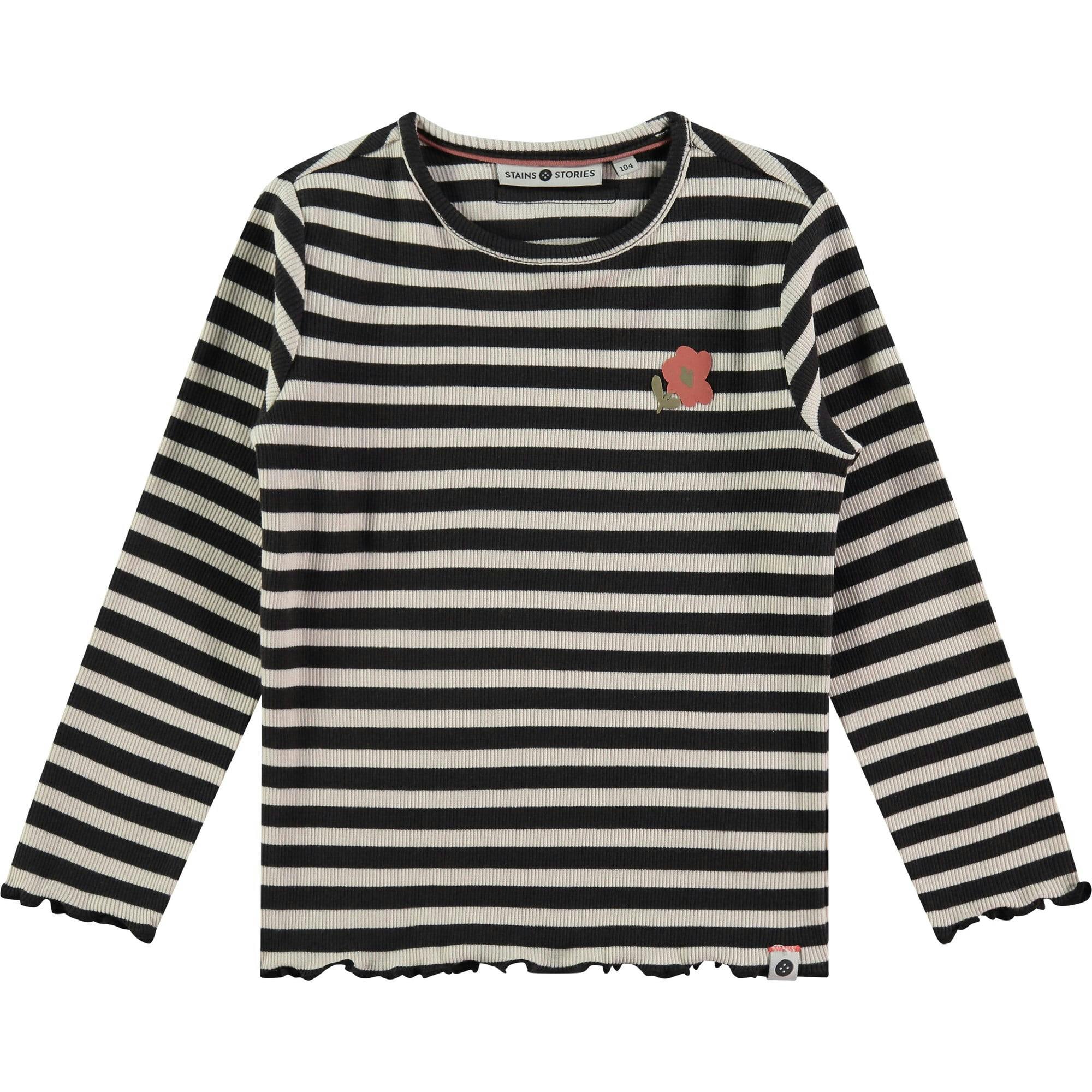 Flower Striped Long Sleeve Lettuce Hem T-Shirt