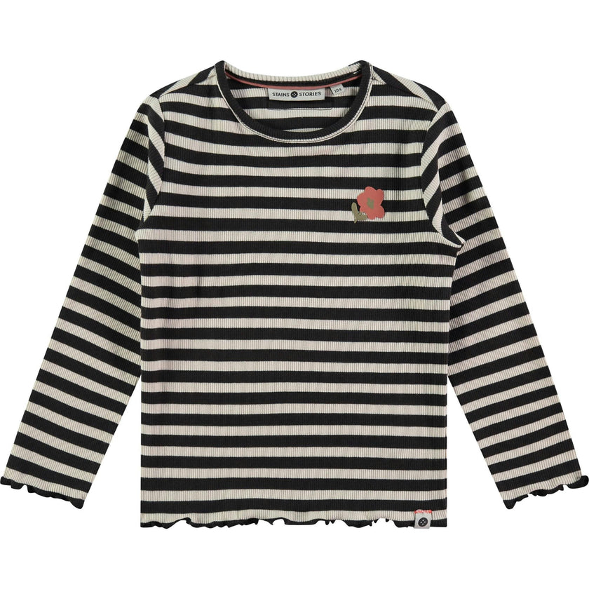 Flower Striped Long Sleeve Lettuce Hem T-Shirt